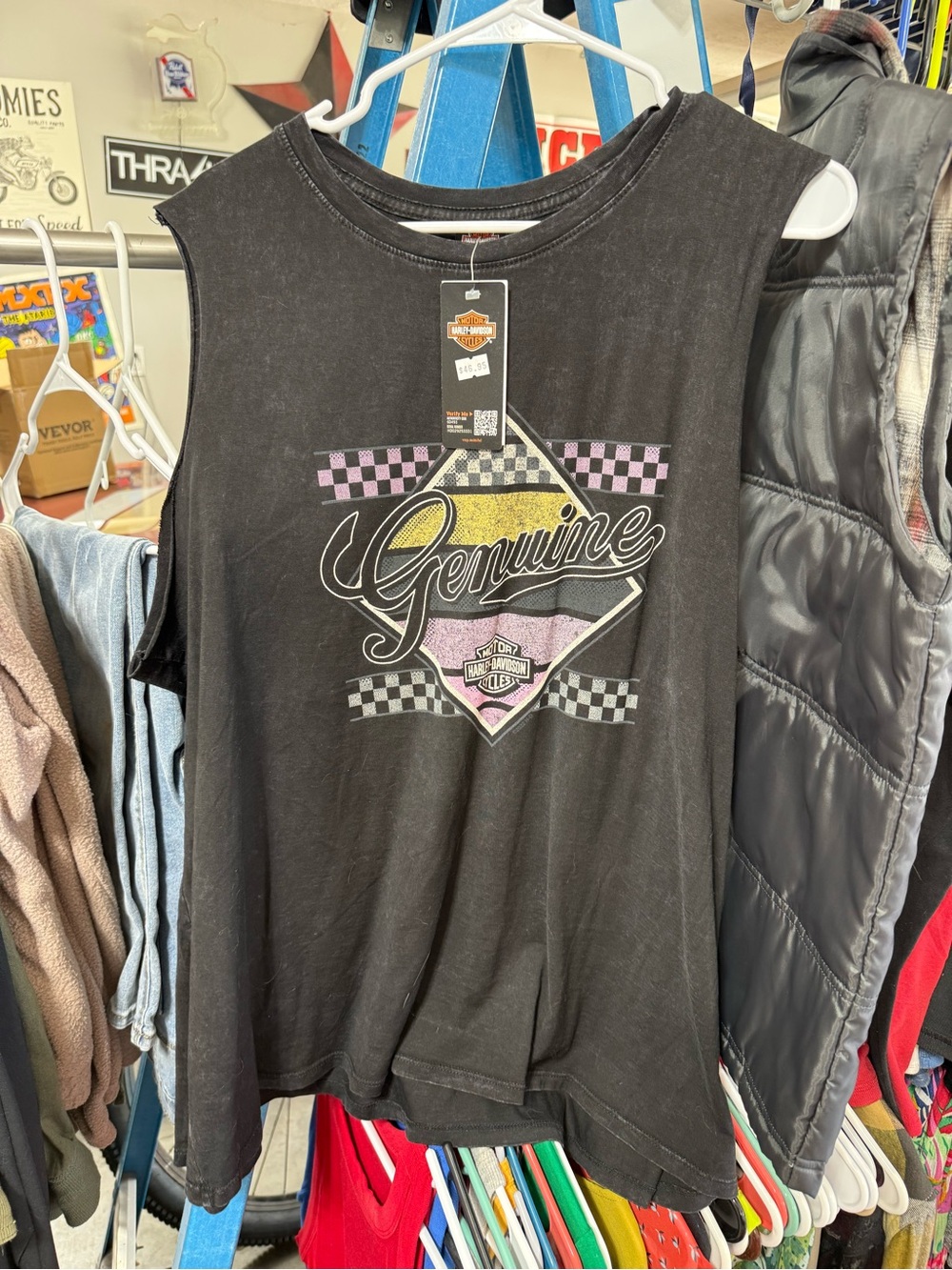 Harley-Davidson Black Muscle Tank with Pink and Yellow Graphic